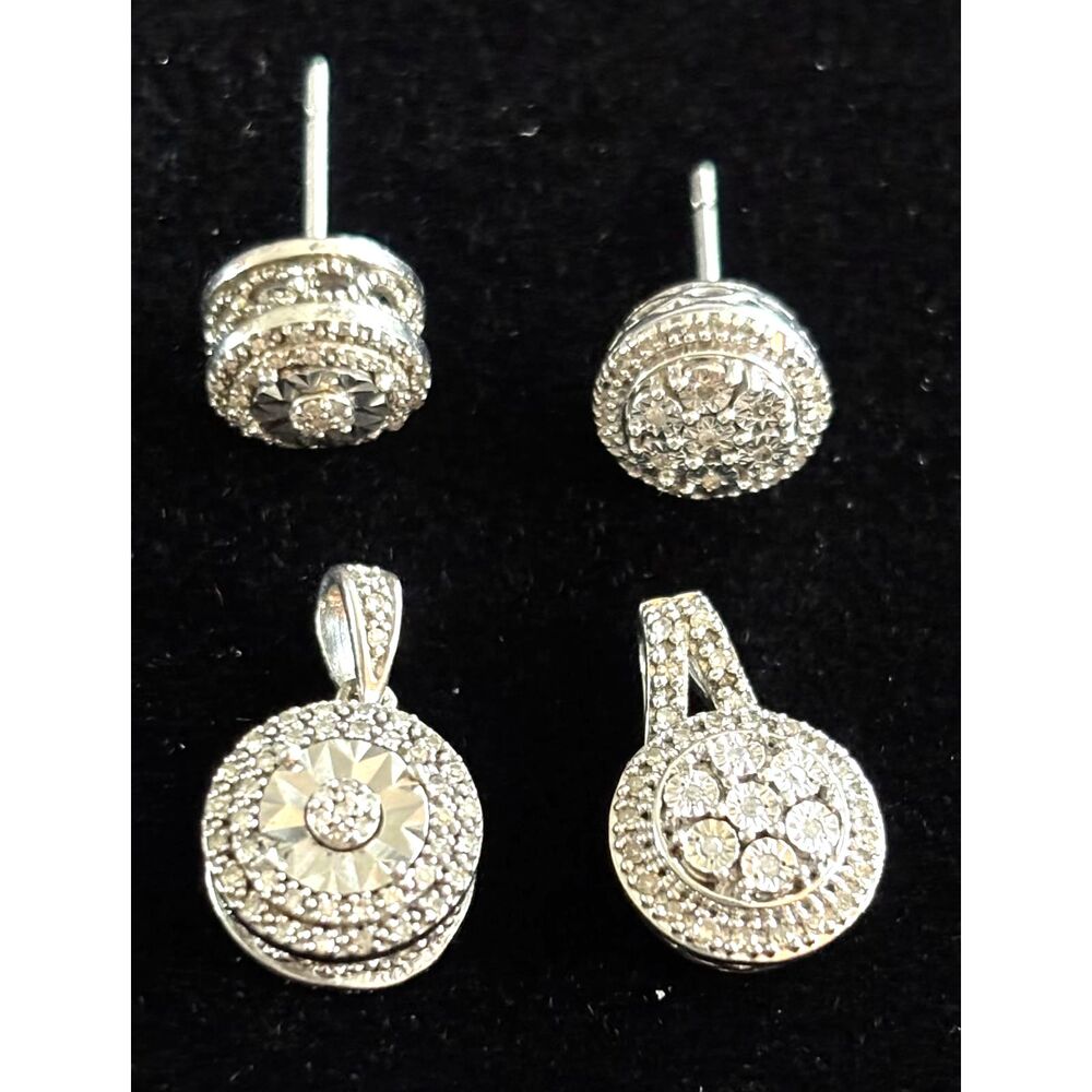 Vintage 925 Sterling Silver Earrings Lot Round Cluster Sparkle Set 2 Pendants